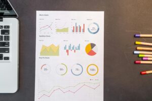 A work surface with a computer, pencils, and printed charts.