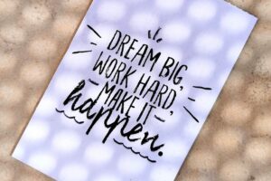 Motivational quote that says dream big, work hard, make it happen.