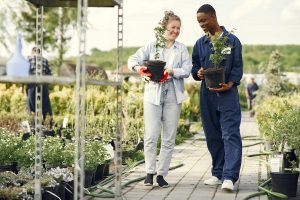 Two coworkers walking together carrying plants at a garden center.